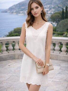 Reiss dress 6 white scalloped hem cut outs quiet luxury old money wedding summer